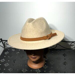 Pengcheng Belted Beige Fedora Hat Flat Brim